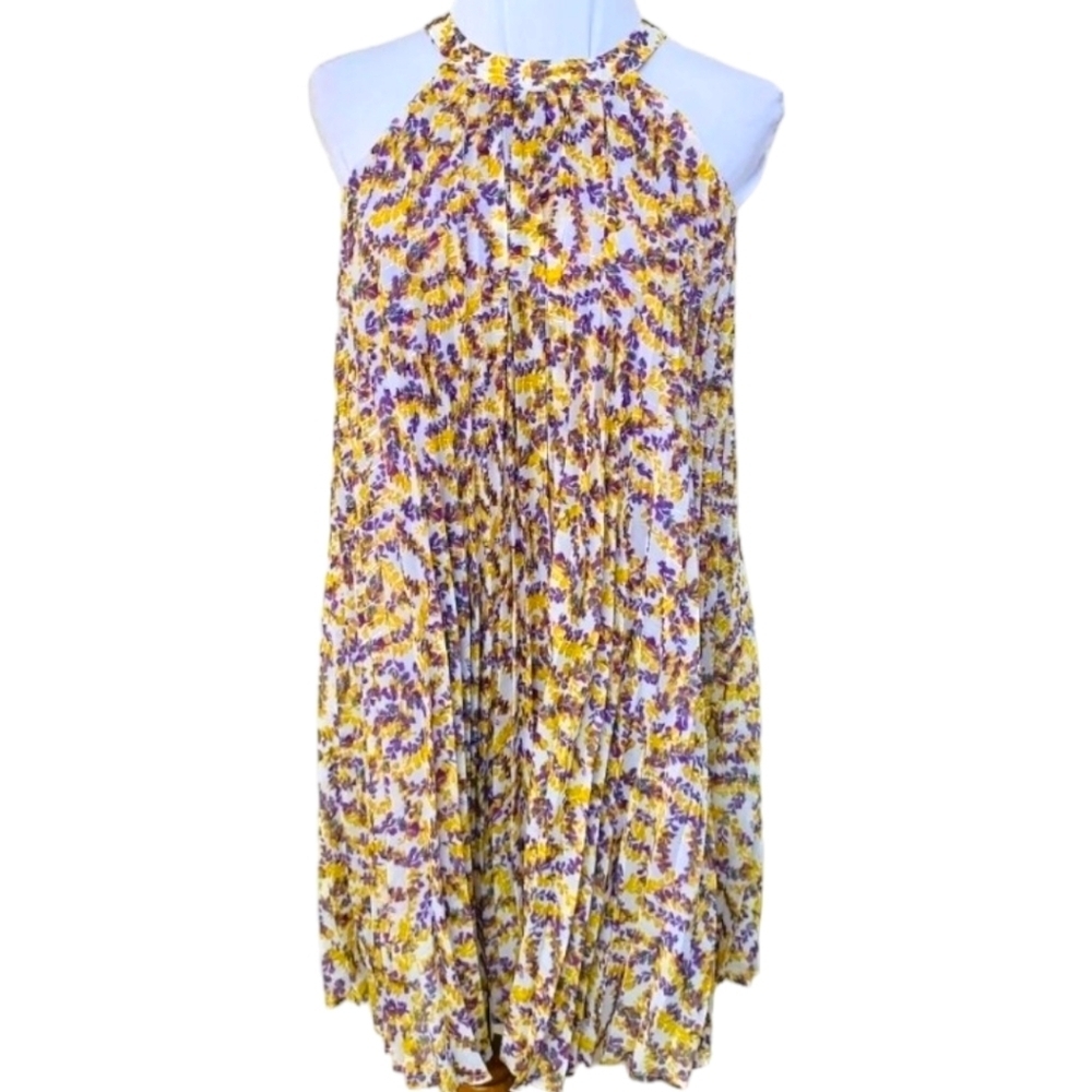 MELLODAY Halter Pleated Floral Trapeze Mini Dress Yellow/Purple Metallic NWT XS